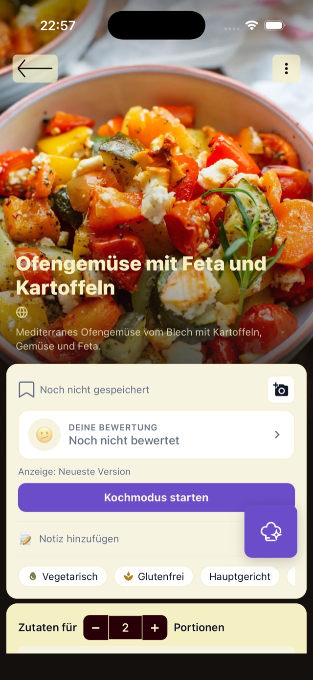 Ein aus einer Webseite importiertes Rezept in Moiga, mit getrennter Zutatenliste und Zubereitungsschritten.