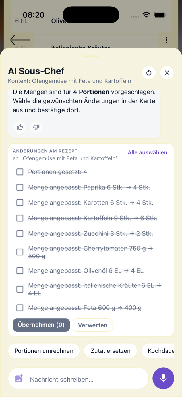 Amoigo schlägt Änderungen am Rezept vor: eine Liste mit Checkboxen, darunter die Schaltflächen Übernehmen und Verwerfen.