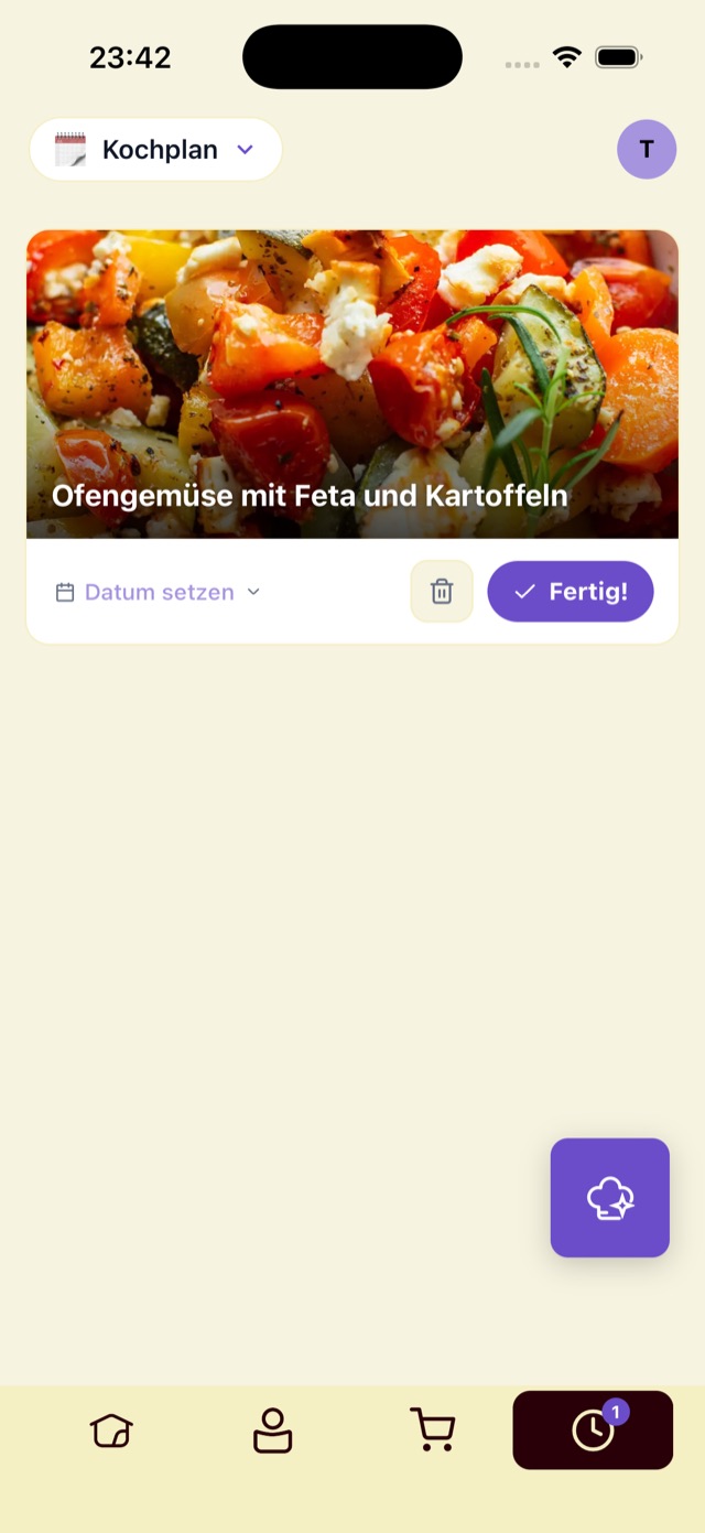 Der Kochplan in Moiga mit einem eingeplanten Rezept „Ofengemüse mit Feta und Kartoffeln“.