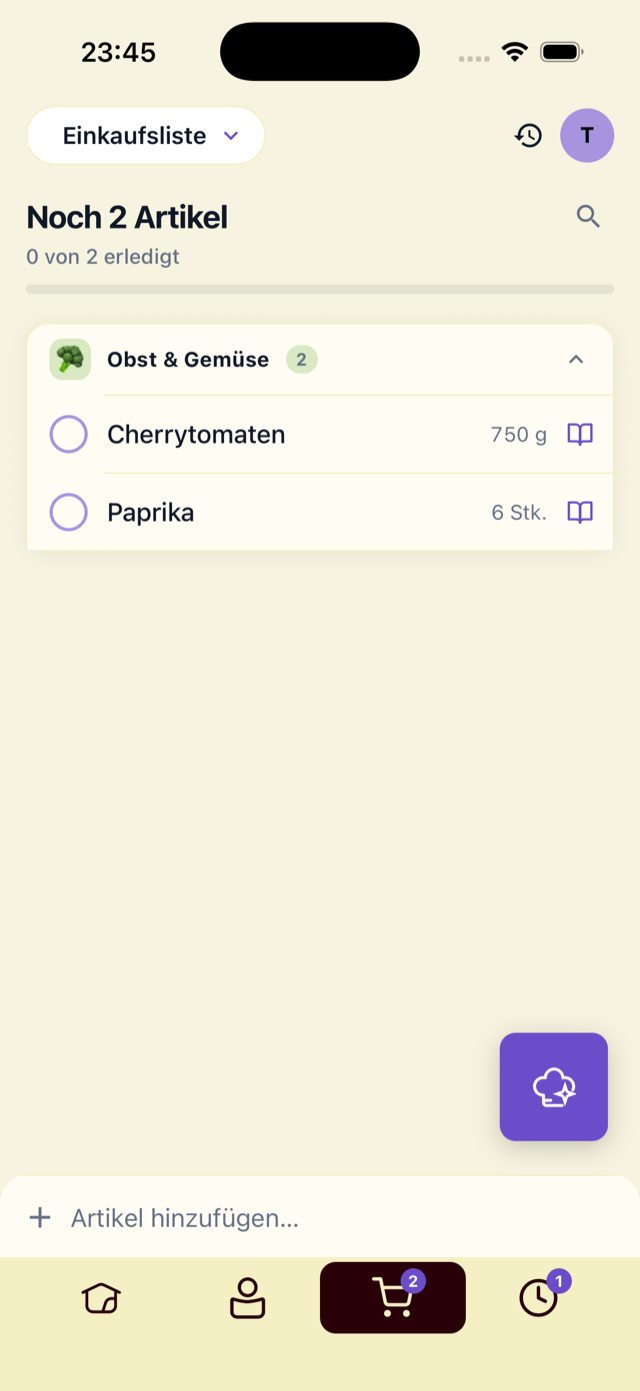 Die Einkaufsliste in Moiga, nach Kategorien gruppiert.